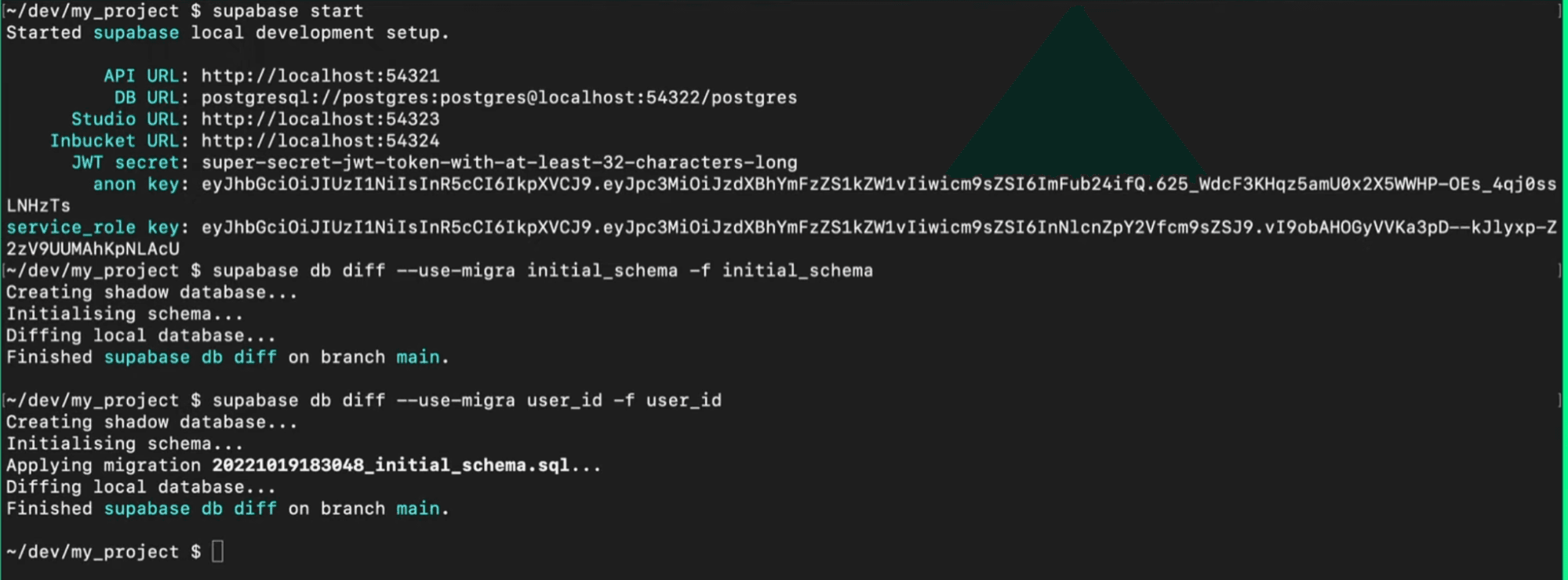 Supabase CLI output showing local development setup and migration commands