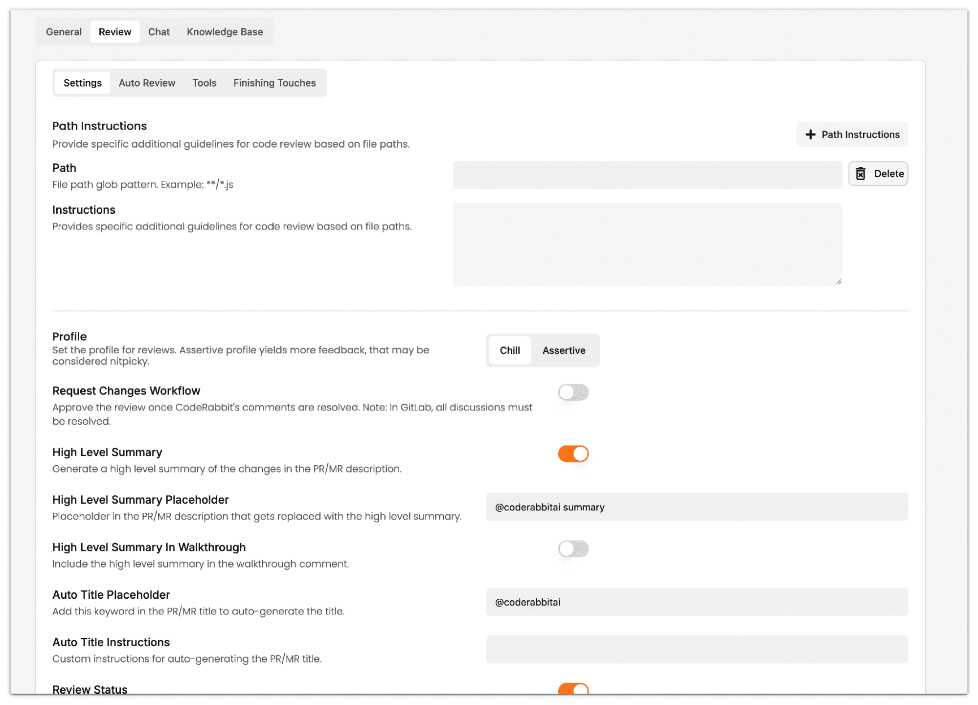 CodeRabbit's Review settings page with path instruction fields and a Chill or Assertive review profile toggle