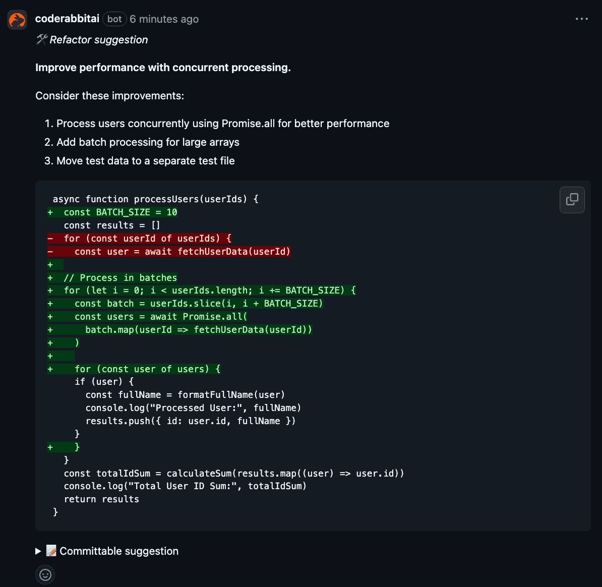 CodeRabbit bot comment titled Improve performance with concurrent processing, with a diff replacing a sequential loop in processUsers with Promise.all batching