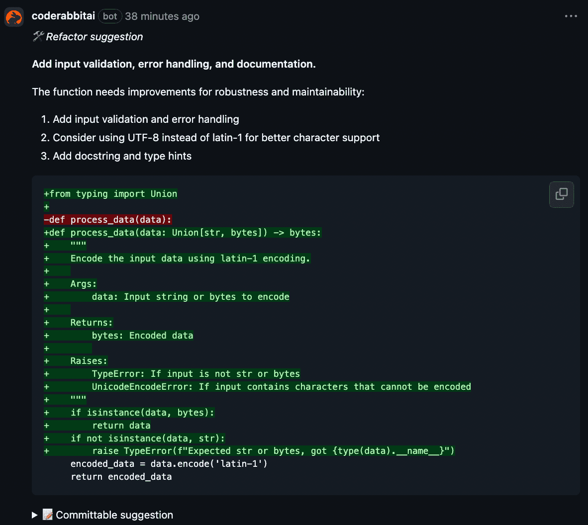 CodeRabbit refactor suggestion titled Add input validation, error handling, and documentation