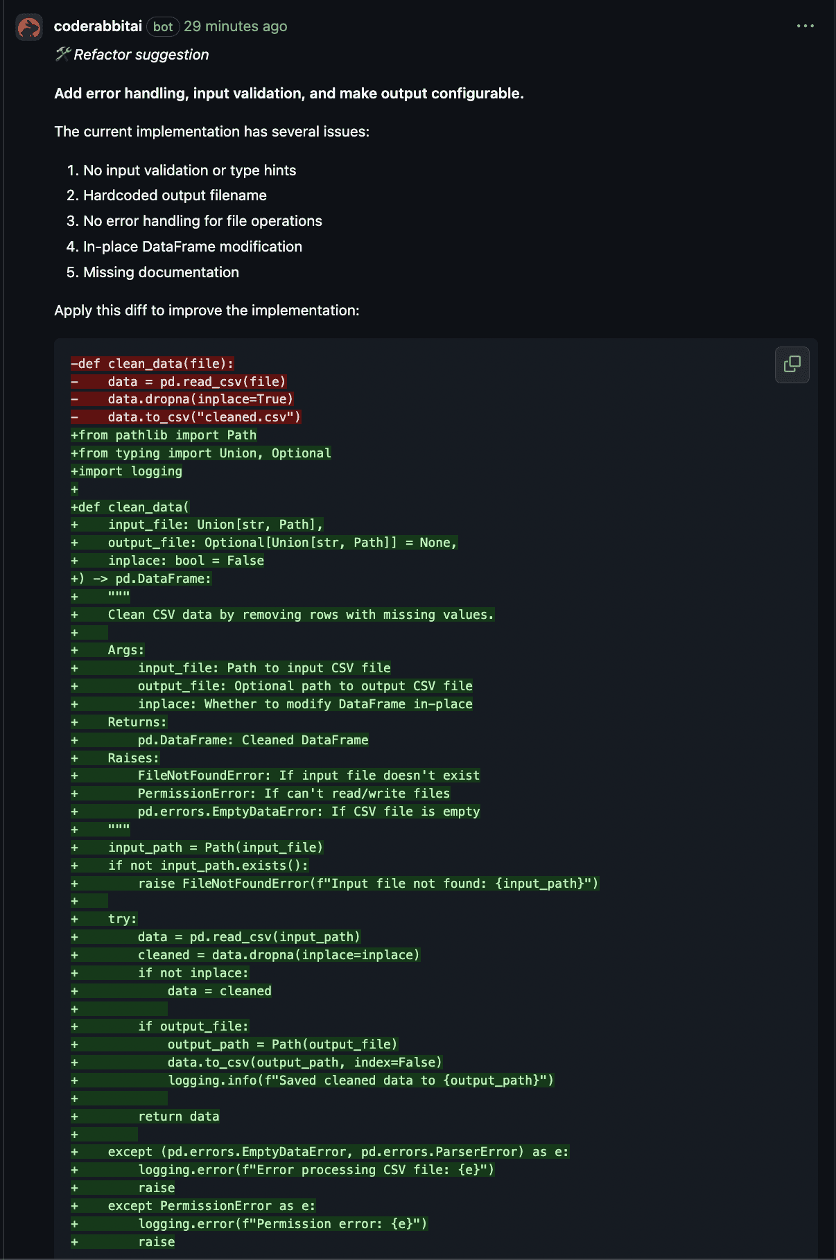CodeRabbit listing five issues in a clean_data pandas script, from a hardcoded output filename to missing error handling, above a long suggested rewrite diff