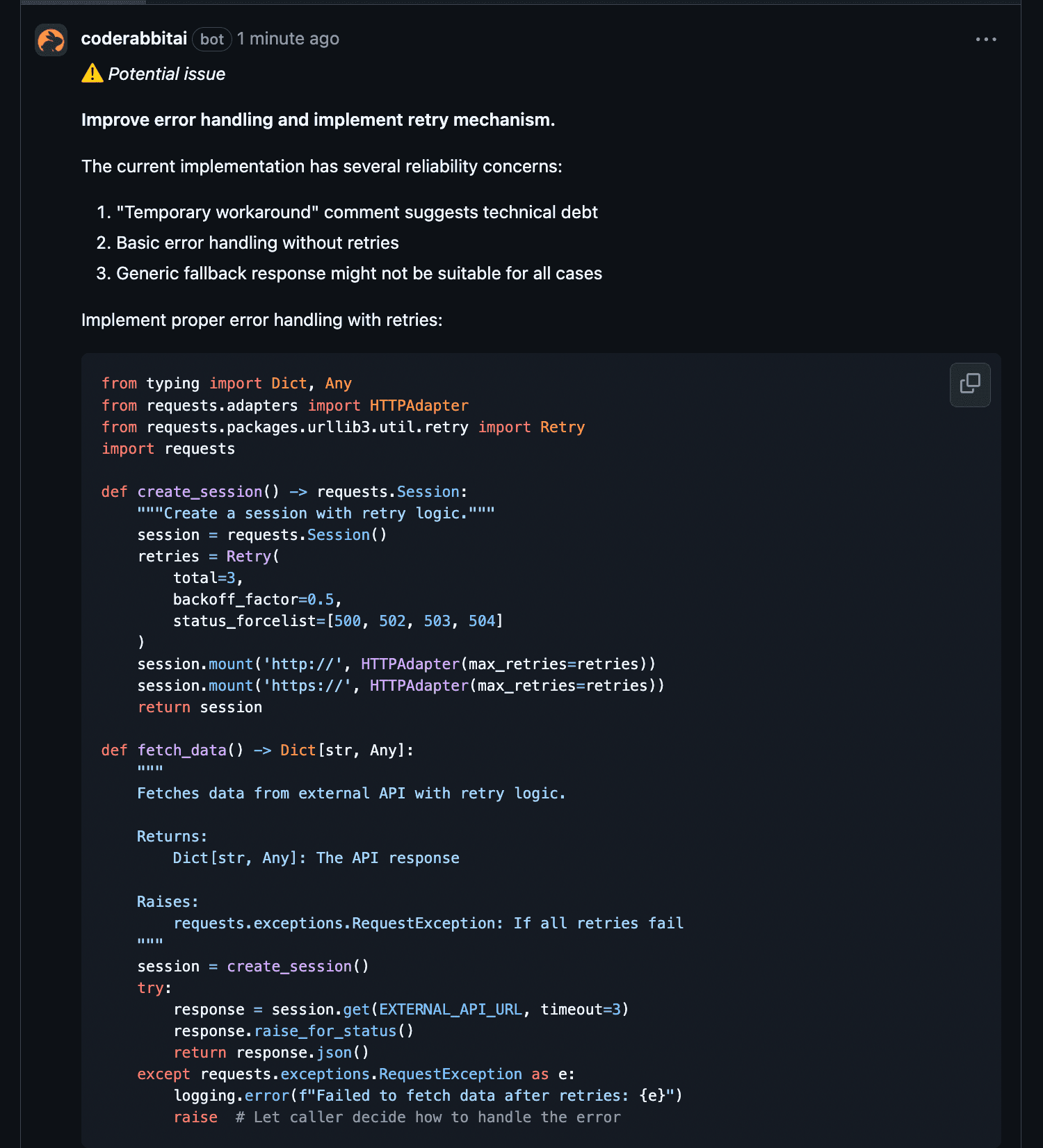 CodeRabbit potential issue on a temporary workaround comment, suggesting a requests session