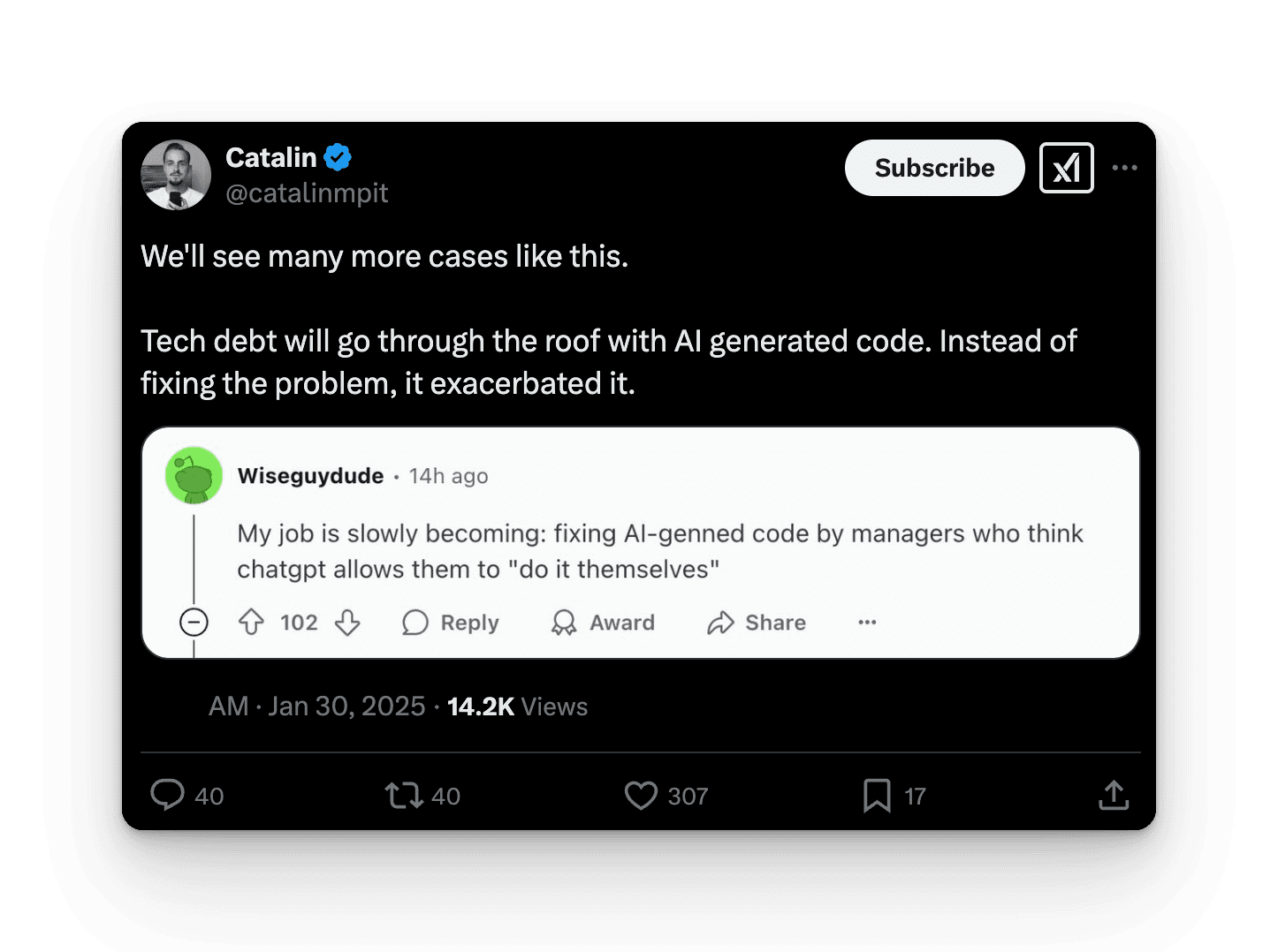 Catalin's post on X warning that tech debt will go through the roof with AI generated code, quoting a Reddit comment about fixing AI code written by managers