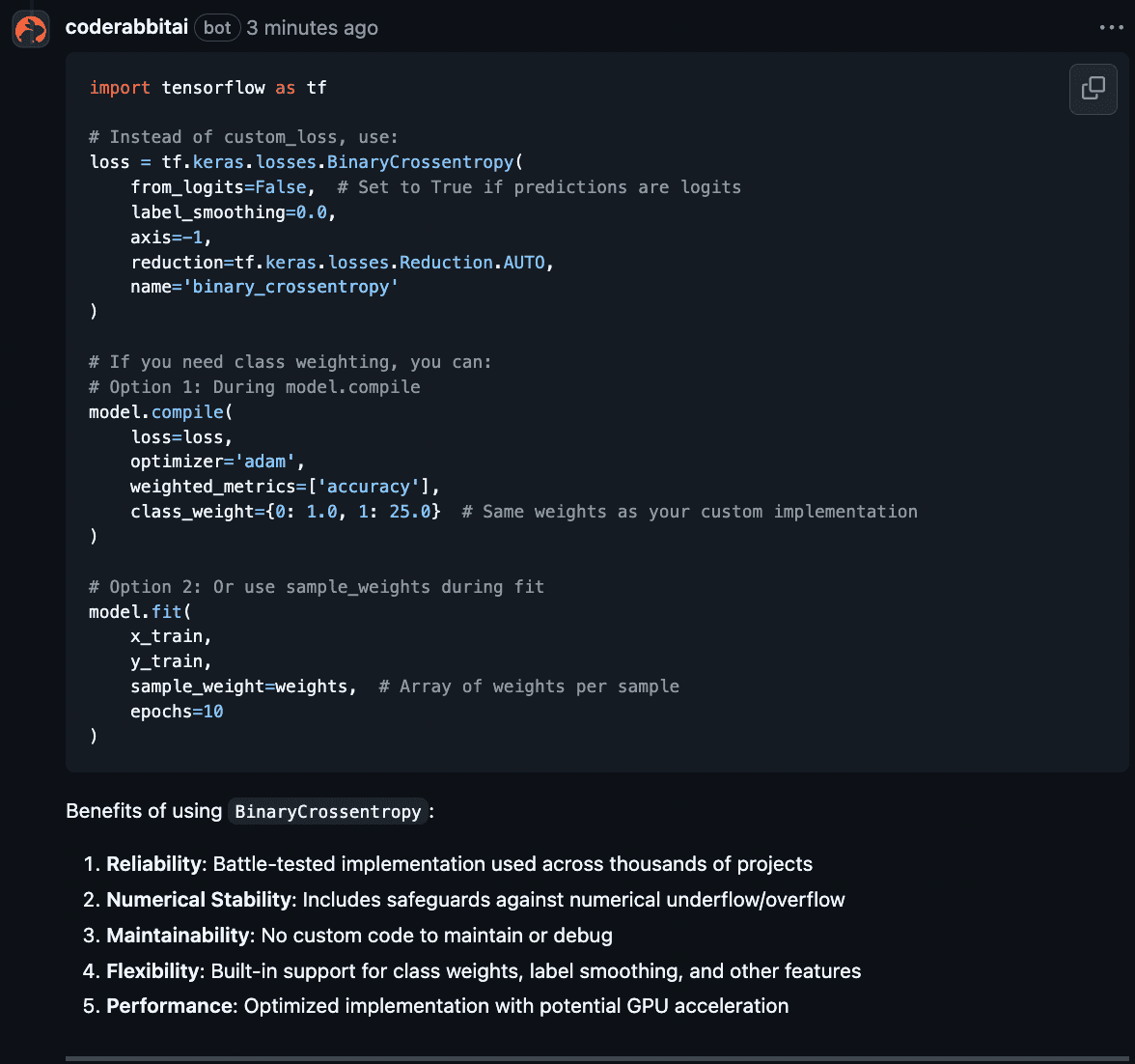 CodeRabbit suggesting tf.keras BinaryCrossentropy in place of a custom loss function, with class weights of 1.0 and 25.0 and a five point list of benefits