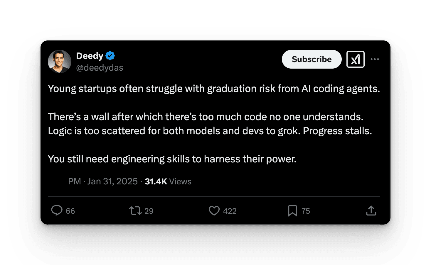Deedy's post on X arguing young startups hit graduation risk from AI coding agents, a wall where code no one understands stalls progress