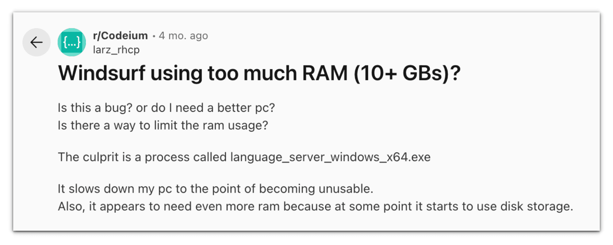 Reddit post in r/Codeium asking whether Windsurf using 10+ GB of RAM is a bug, blaming the language_server_windows_x64.exe process for making the machine unusable