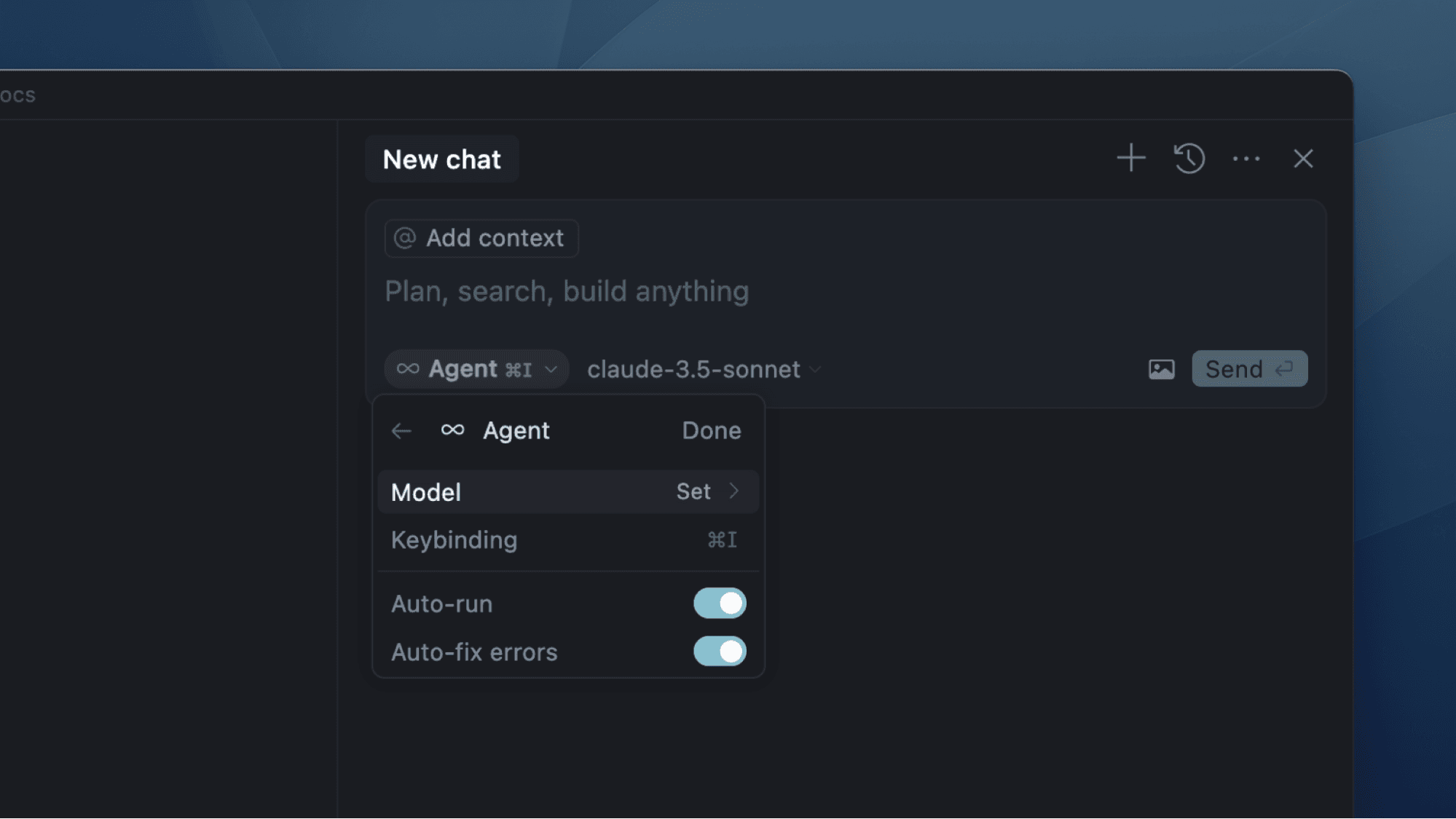Cursor's new chat panel with the Agent menu open on claude-3.5-sonnet, showing Auto-run and Auto-fix errors both switched on