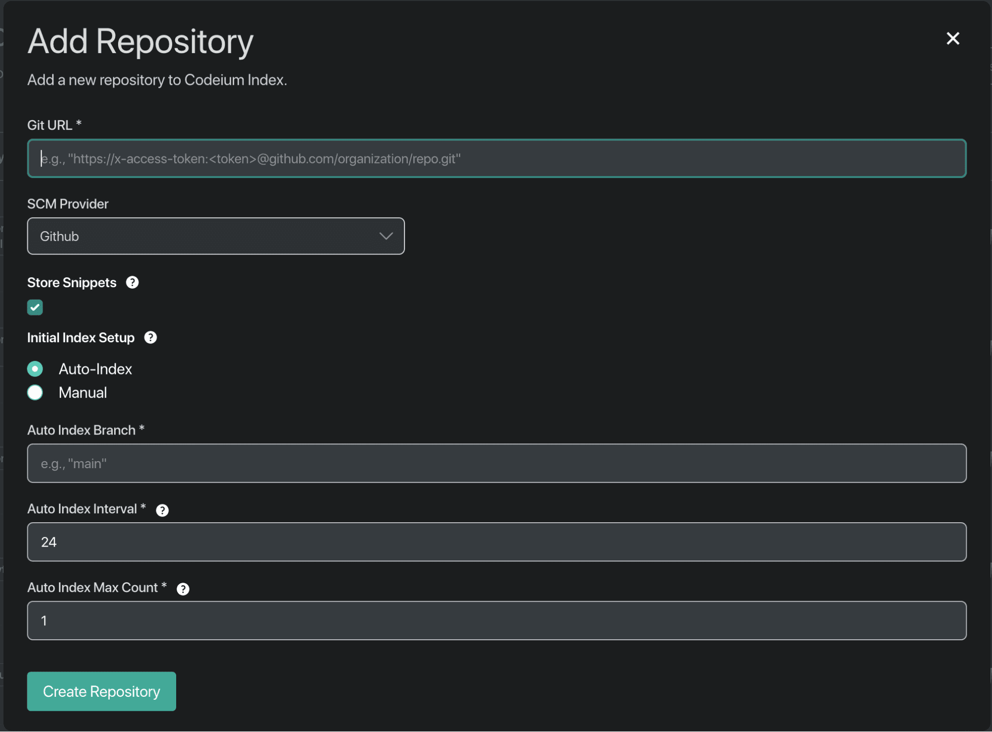 Codeium Index's Add Repository dialog, with GitHub as the SCM provider, Store Snippets ticked, Auto-Index selected and an auto index interval of 24