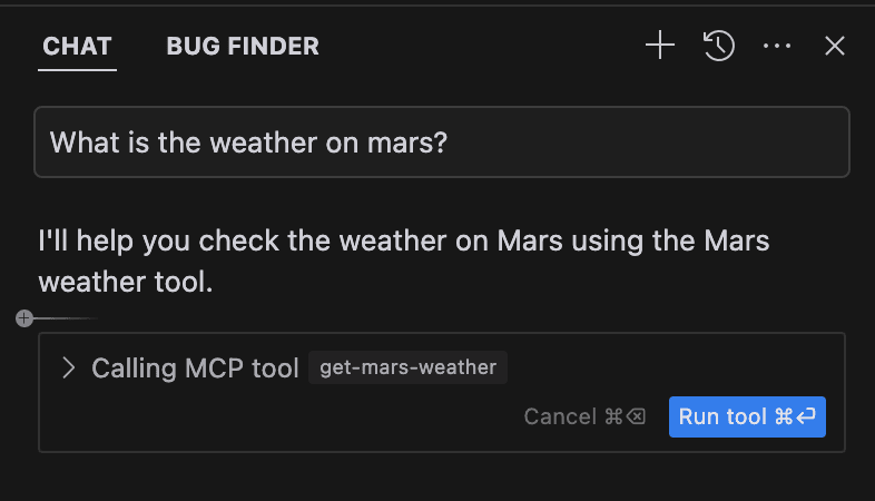 Cursor's Chat asked what the weather on Mars is, paused on Calling MCP tool get-mars-weather with Cancel and Run tool buttons