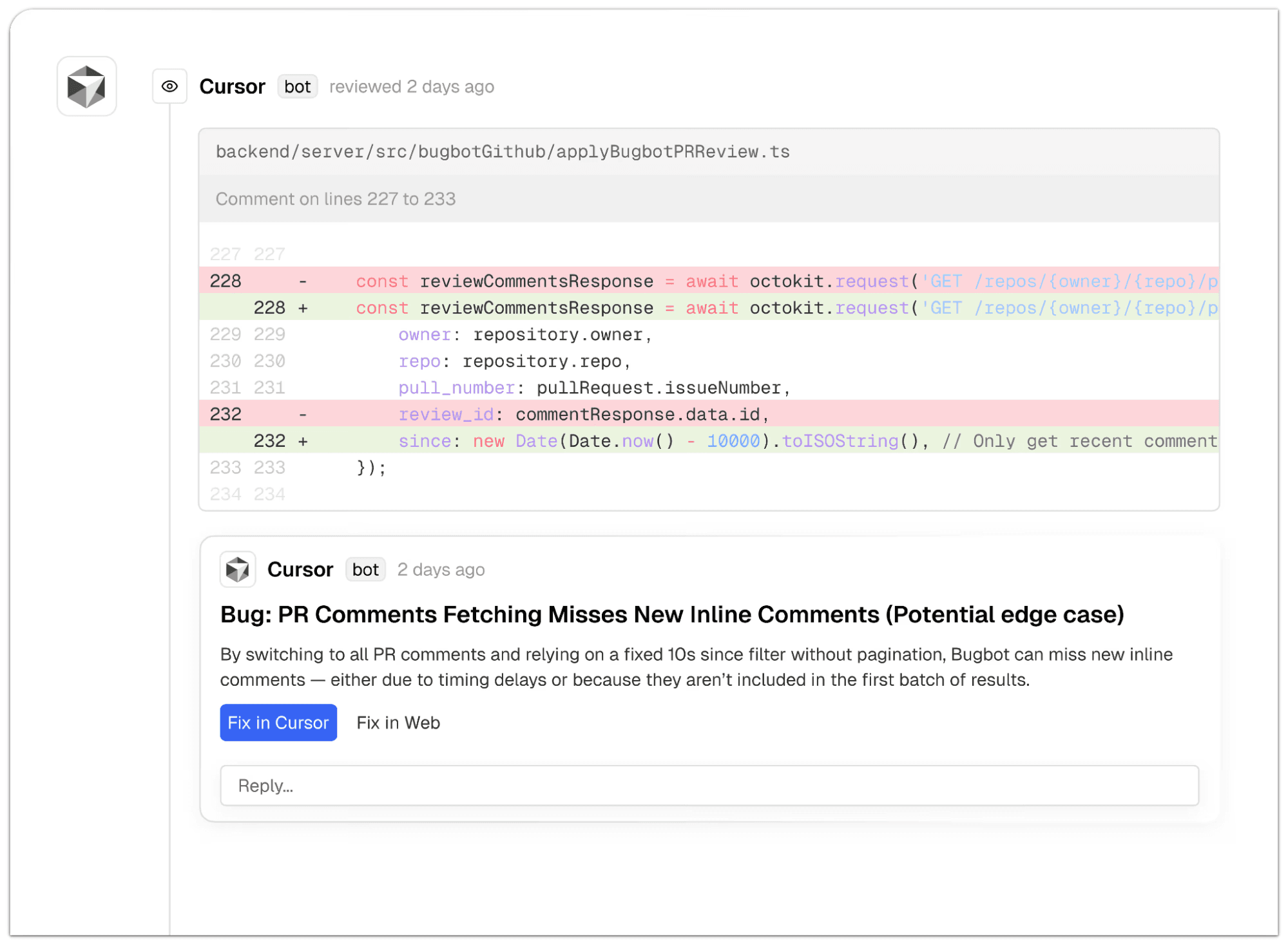 Cursor bot's review comment on applyBugbotPRReview.ts flagging that a fixed 10-second since filter can miss new inline PR comments, with a Fix in Cursor button