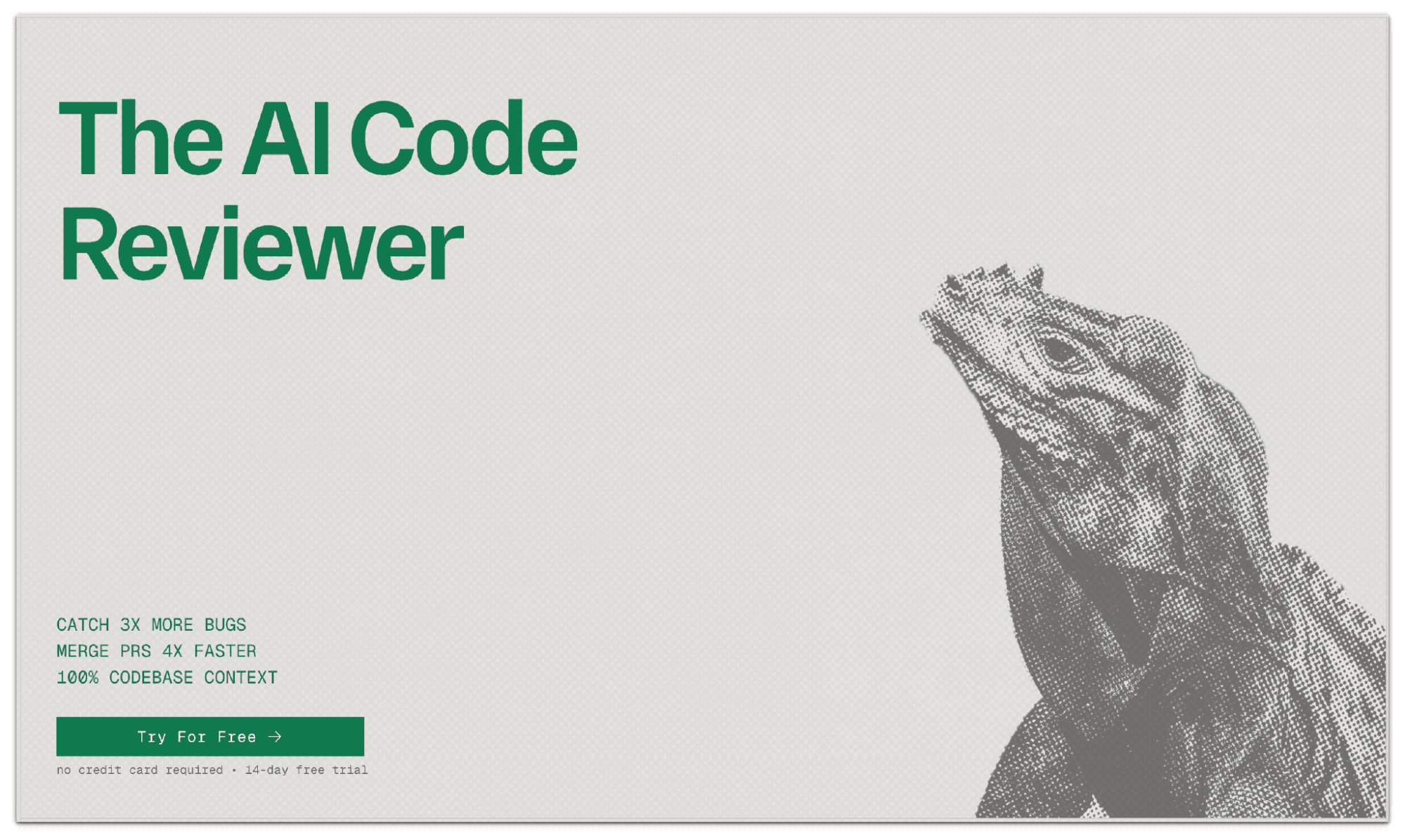 Greptile's landing page headlined "The AI Code Reviewer" beside a halftone iguana, claiming 3x more bugs caught, 4x faster PR merges and 100% codebase context