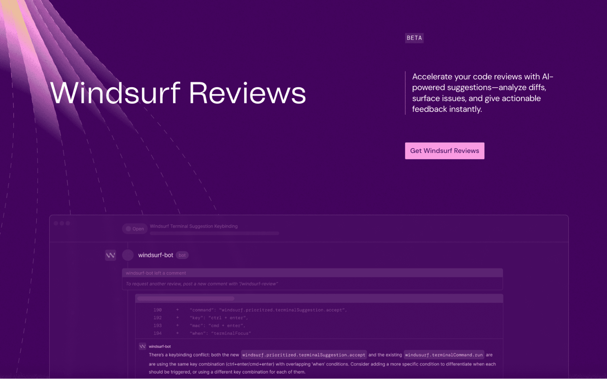 Windsurf Reviews landing page in purple with a Beta badge and Get Windsurf Reviews button, above a windsurf-bot PR comment about a keybinding conflict