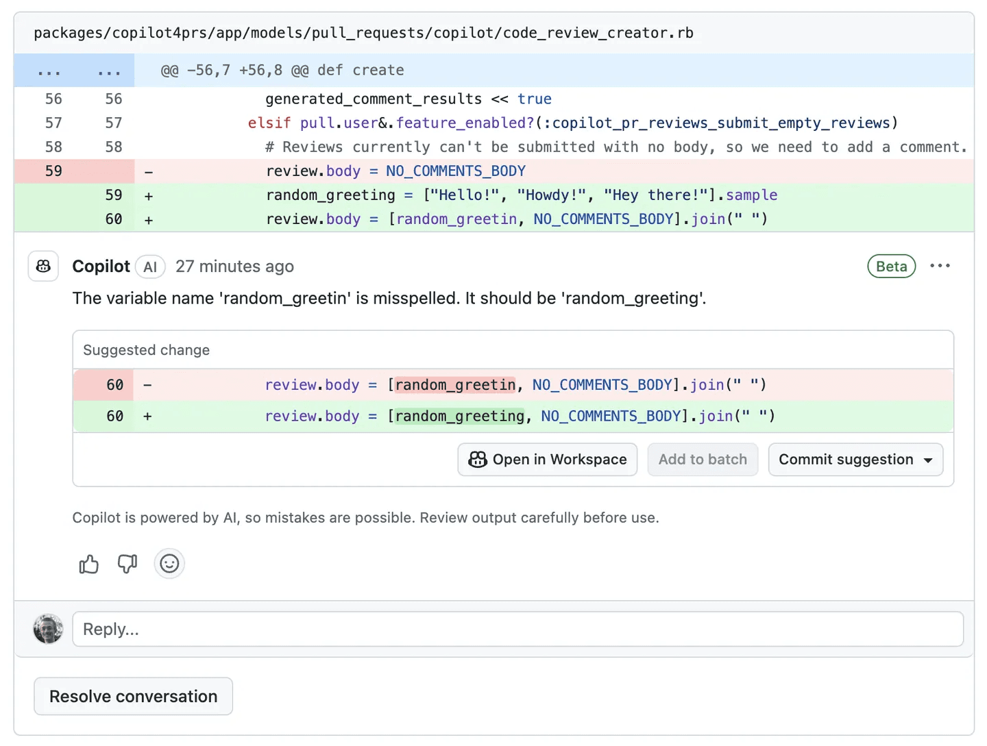 Copilot's AI review comment on code_review_creator.rb catching a misspelled random_greetin variable, with a suggested change fixing it to random_greeting