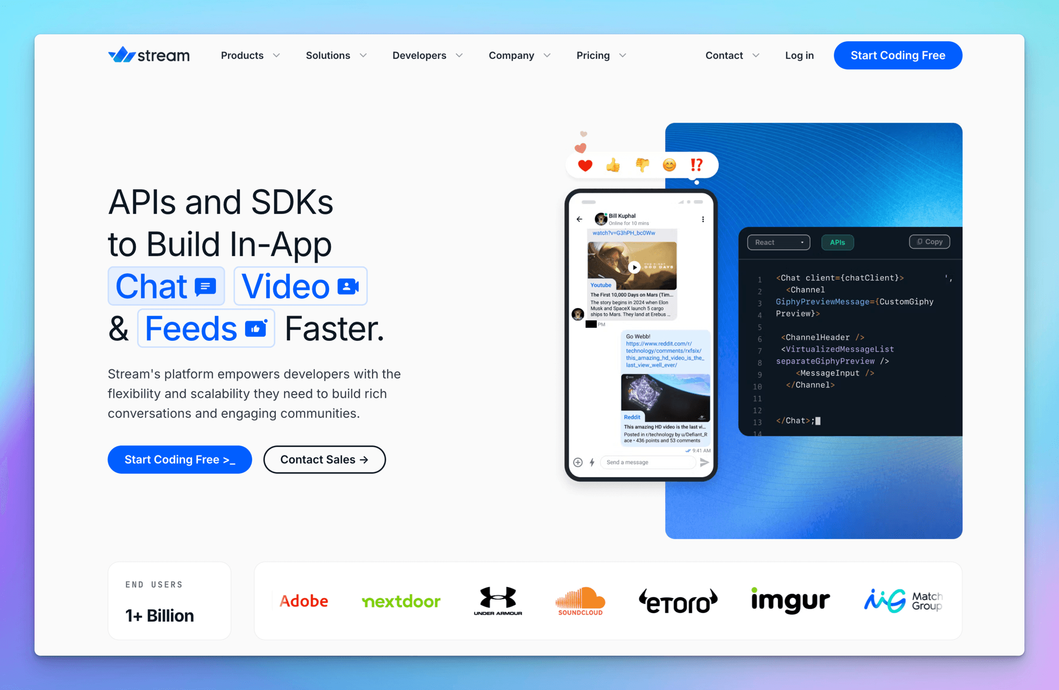 Stream's homepage promoting APIs and SDKs for in-app chat, video and feeds, beside a phone chat mockup, a React code sample and a customer logo strip