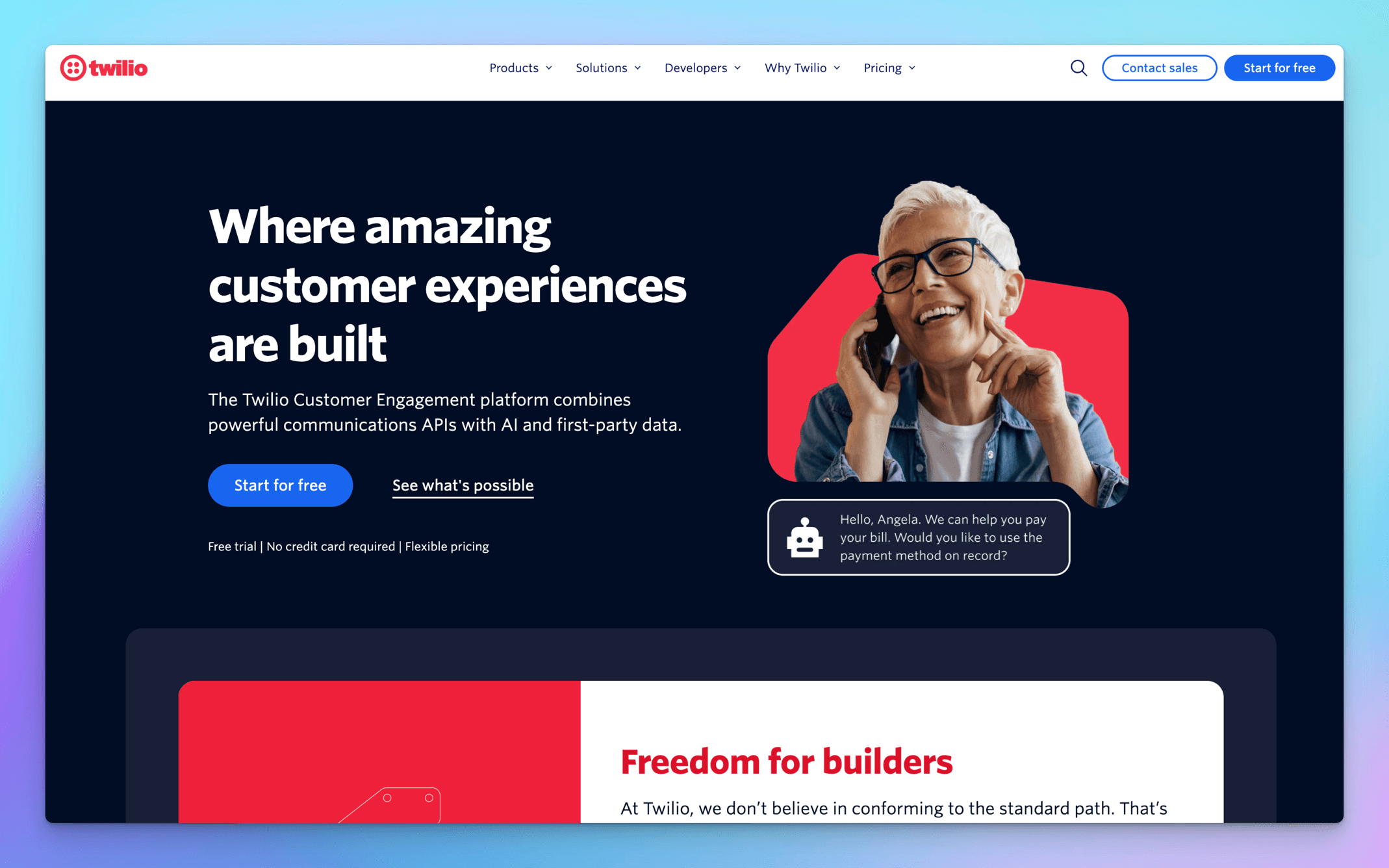 Twilio's homepage, headlined Where amazing customer experiences are built, with a smiling caller and a bot bubble offering to help customer Angela