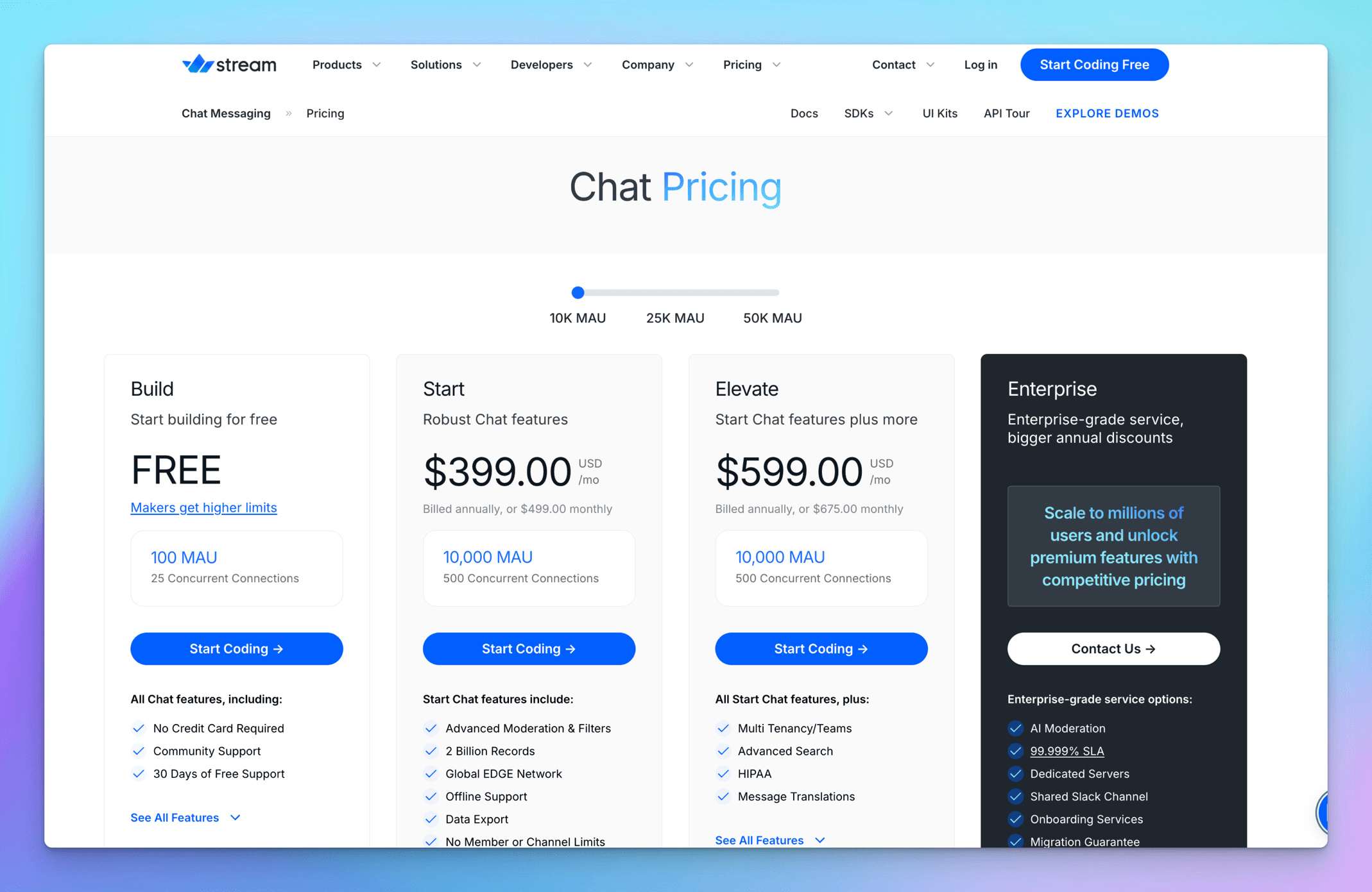 Stream Chat pricing with a free Build plan, Start at $399 billed annually or $499 monthly, Elevate at $599 or $675 monthly, contact-only Enterprise, and a 10K to 50K MAU slider