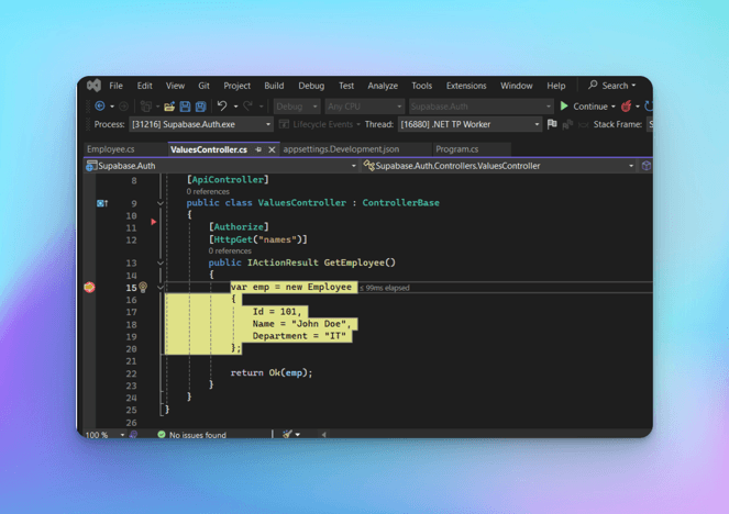 Visual Studio stopped at a breakpoint in ValuesController.cs, inside the [Authorize] GetEmployee method building Employee 101, John Doe, IT