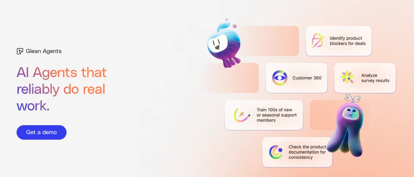 Glean Agents page headlined AI Agents with cards that express the benefits of using those agents