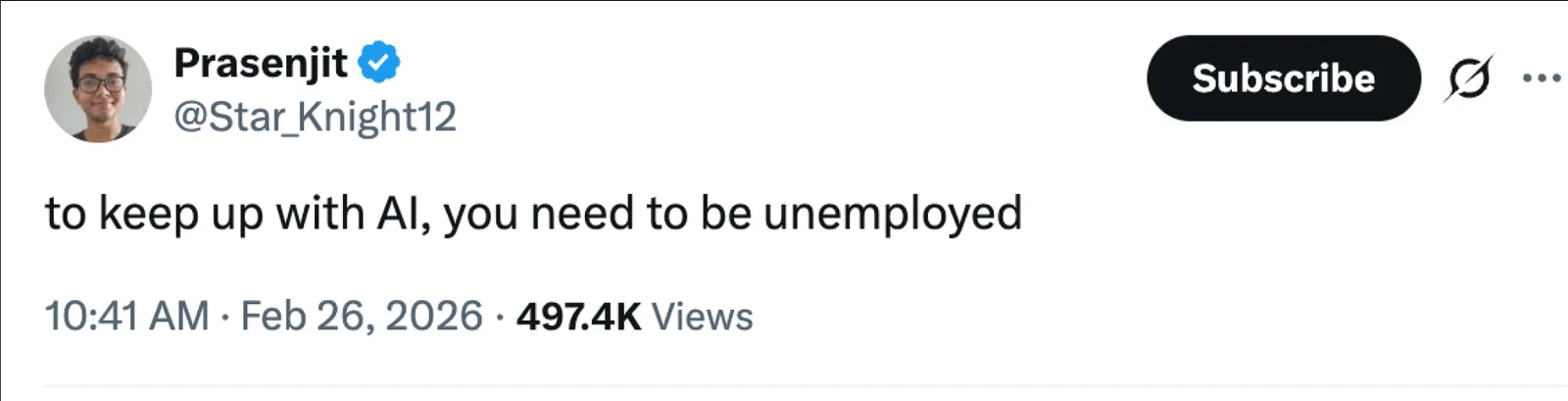 Post by Prasenjit, @Star_Knight12, reading: to keep up with AI, you need to be unemployed