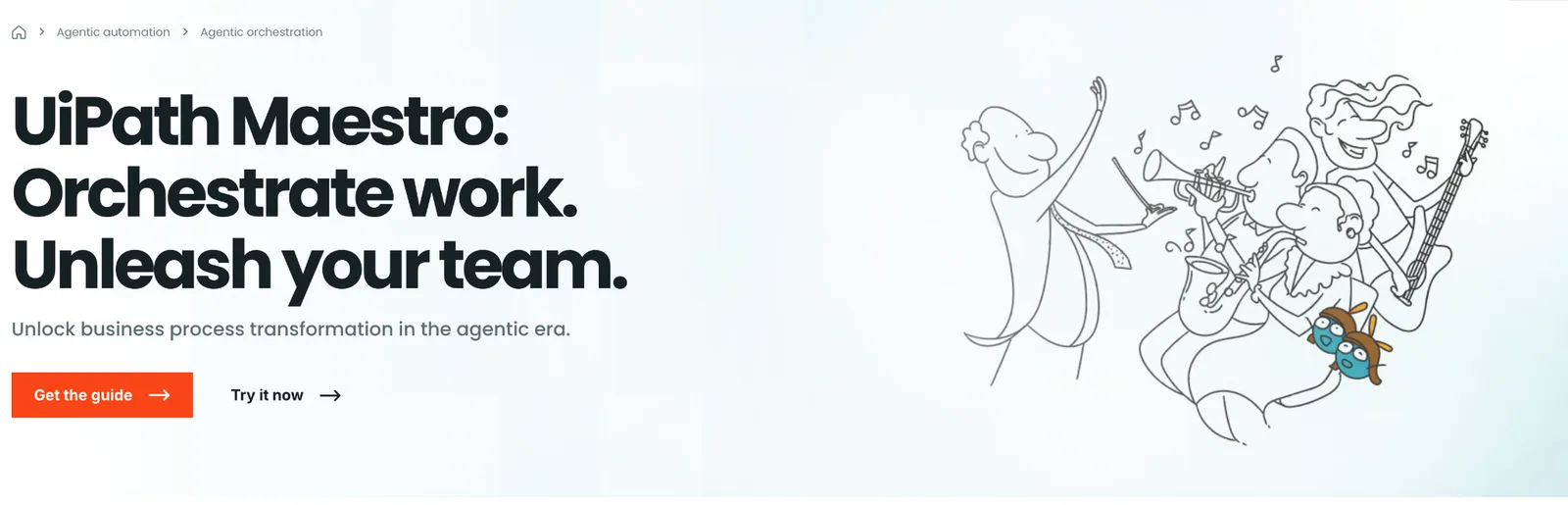 UiPath Maestro marketing page headlined 'Orchestrate work. Unleash your team.'