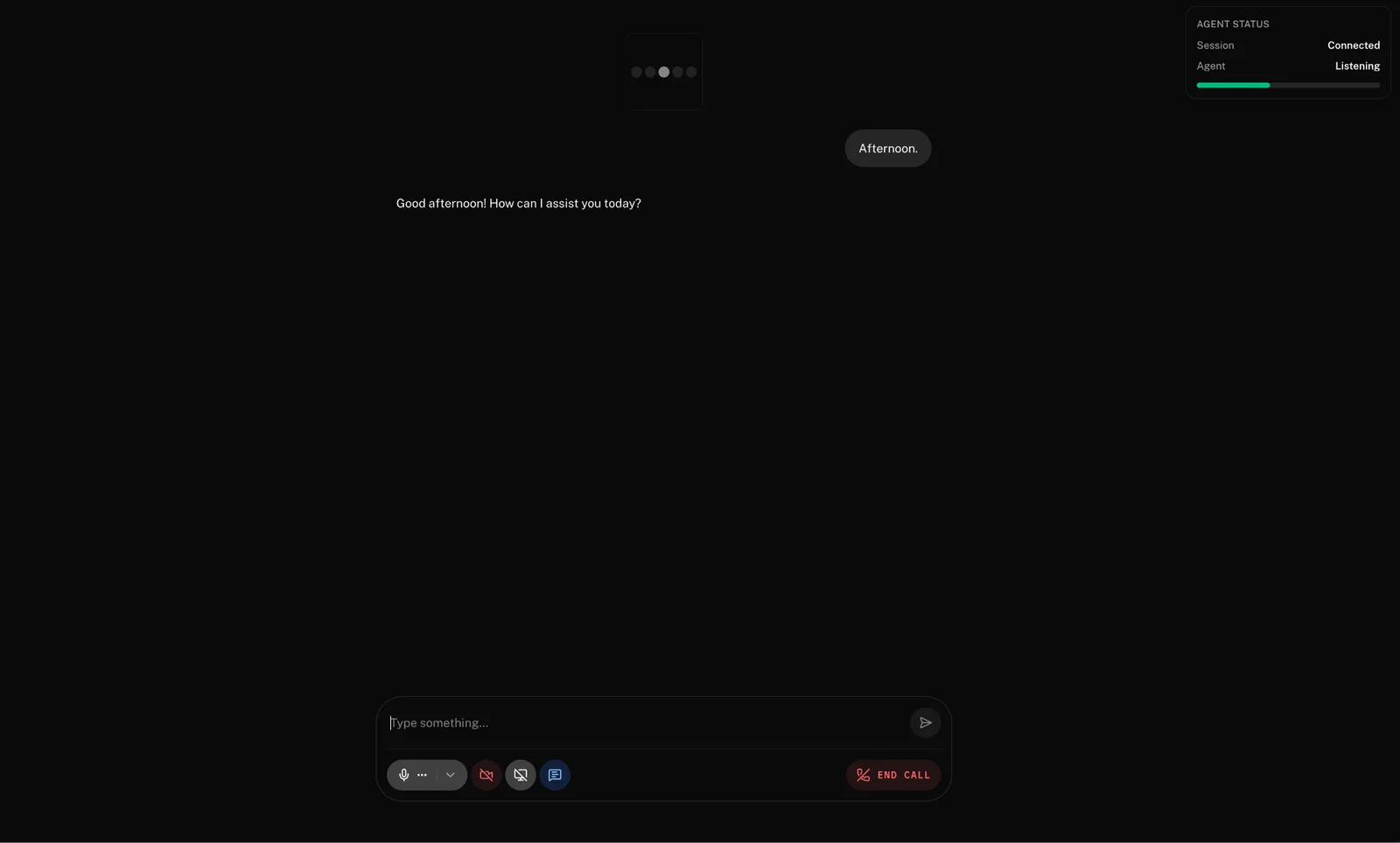 Dark voice agent UI with an Agent status panel reading Session connected, Agent listening, beside the reply Good afternoon! How can I assist you today?