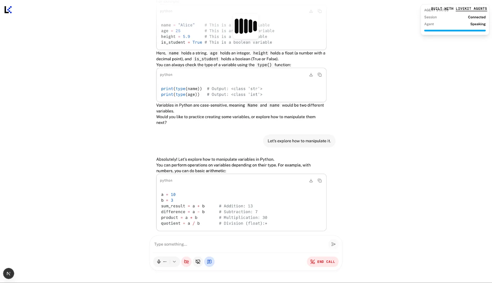 Agent status reading Session connected and Agent speaking while the live transcript walks through Python variable examples such as name = Alice and age = 25