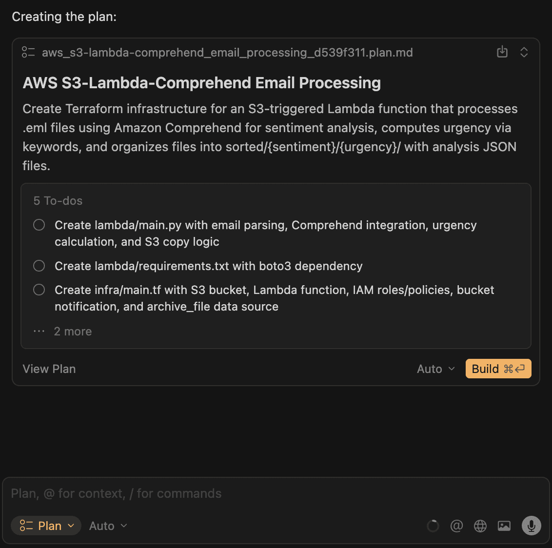 Agent plan mode with an AWS S3, Lambda and Comprehend email processing plan file, five to-dos covering main.py and Terraform infra, and a Build button