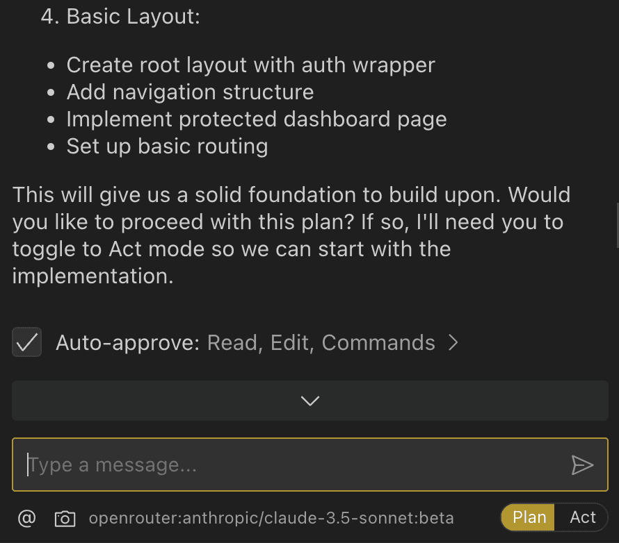 Cline's plan output listing basic layout steps and asking the user to toggle to Act mode, with auto-approve for read, edit and commands checked