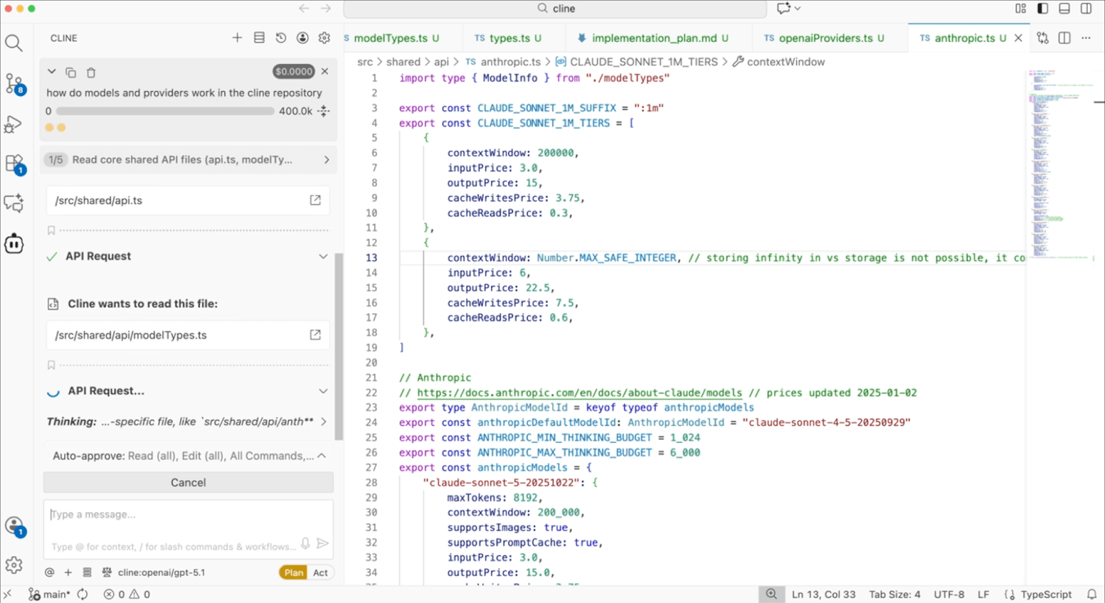 Cline in VS Code asking permission to read src/shared/api/modelTypes.ts while answering how models and providers work