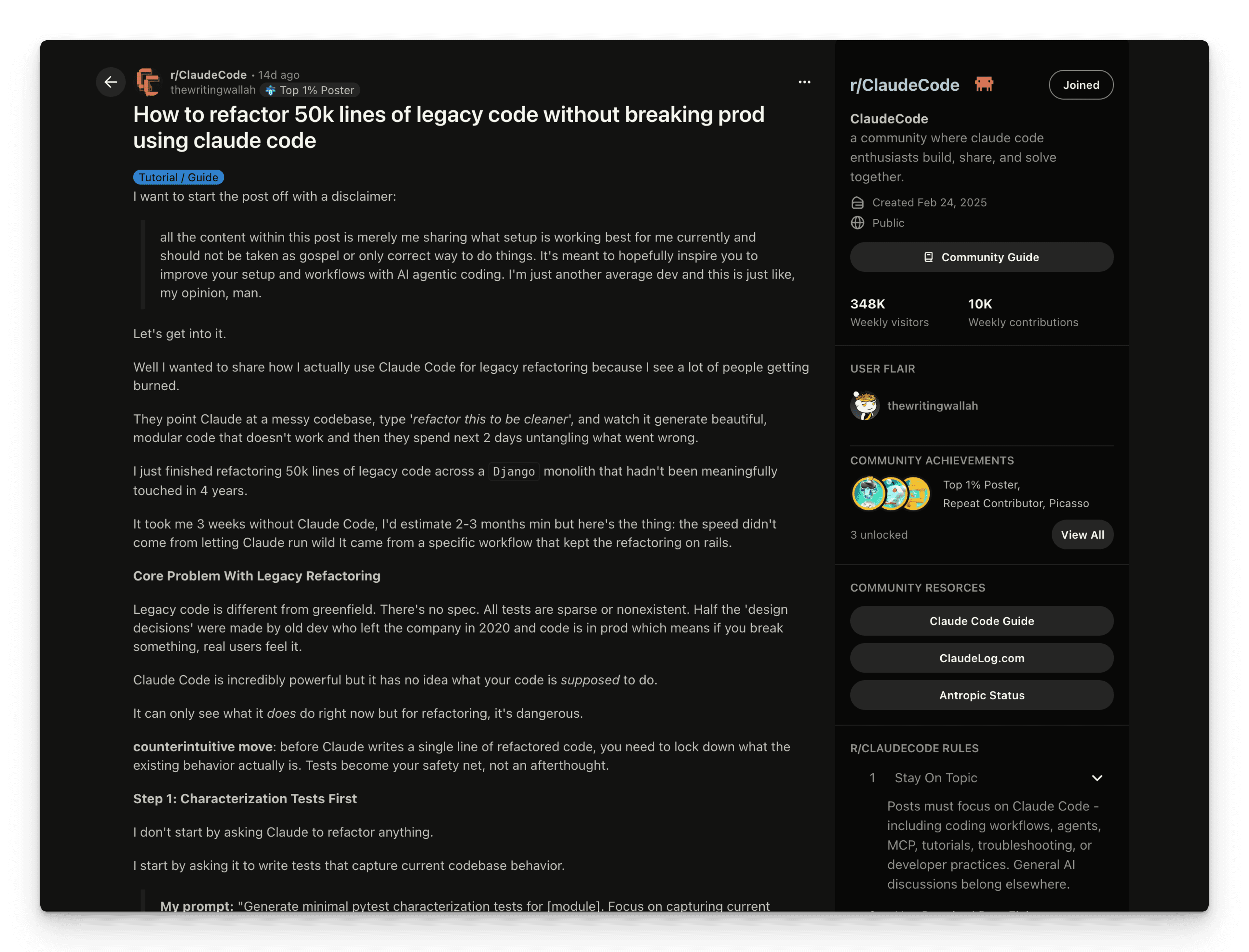 Reddit post in r/ClaudeCode on refactoring 50k lines of legacy Django code without breaking prod