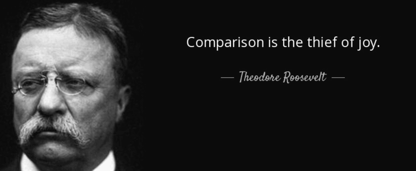 Black and white portrait of Theodore Roosevelt beside his quote "Comparison is the thief of joy"