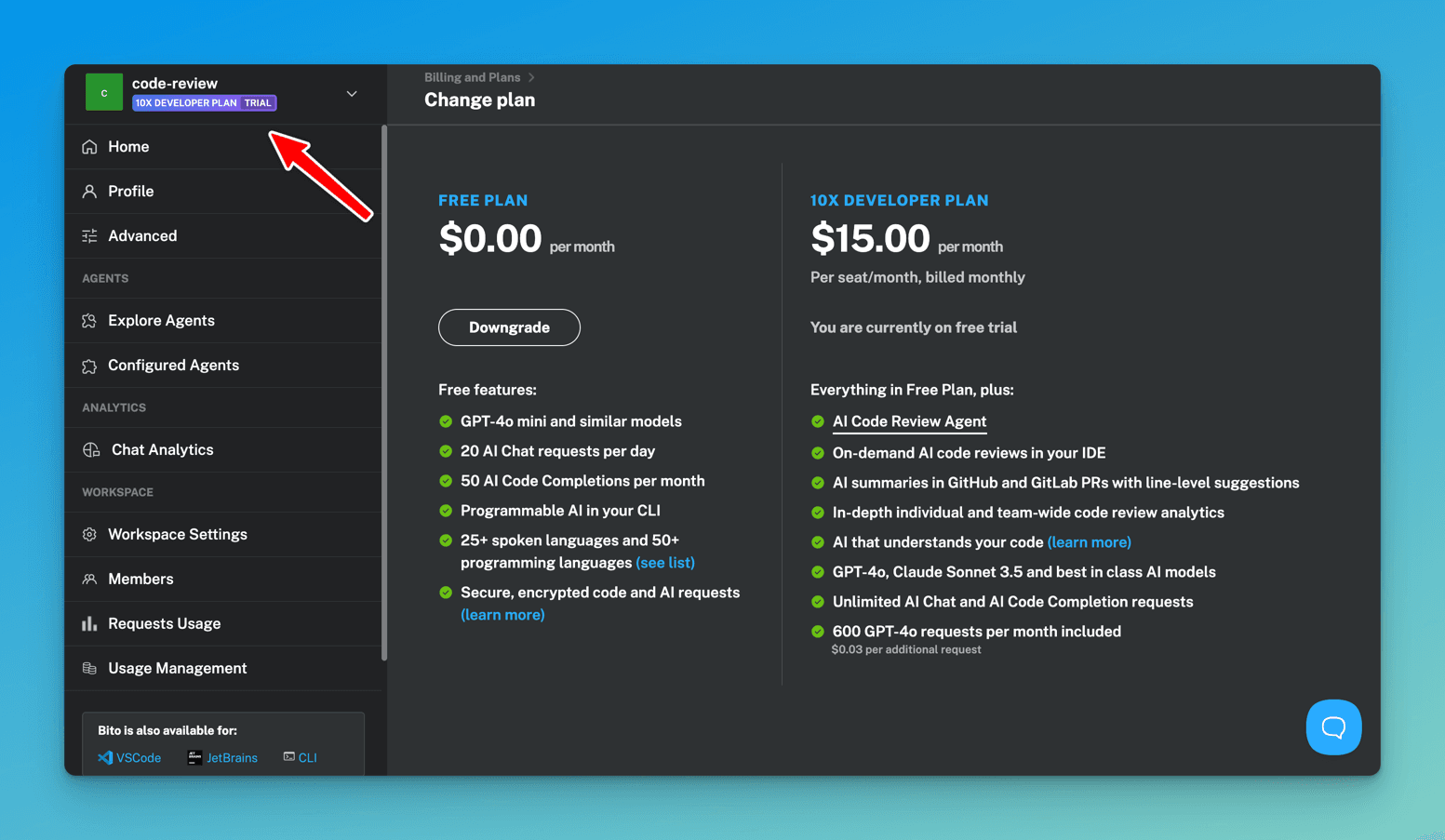Bito's Change plan page comparing the $0.00 Free plan against the $15.00 10X Developer Plan, with the workspace badge showing an active 10X Developer Plan trial