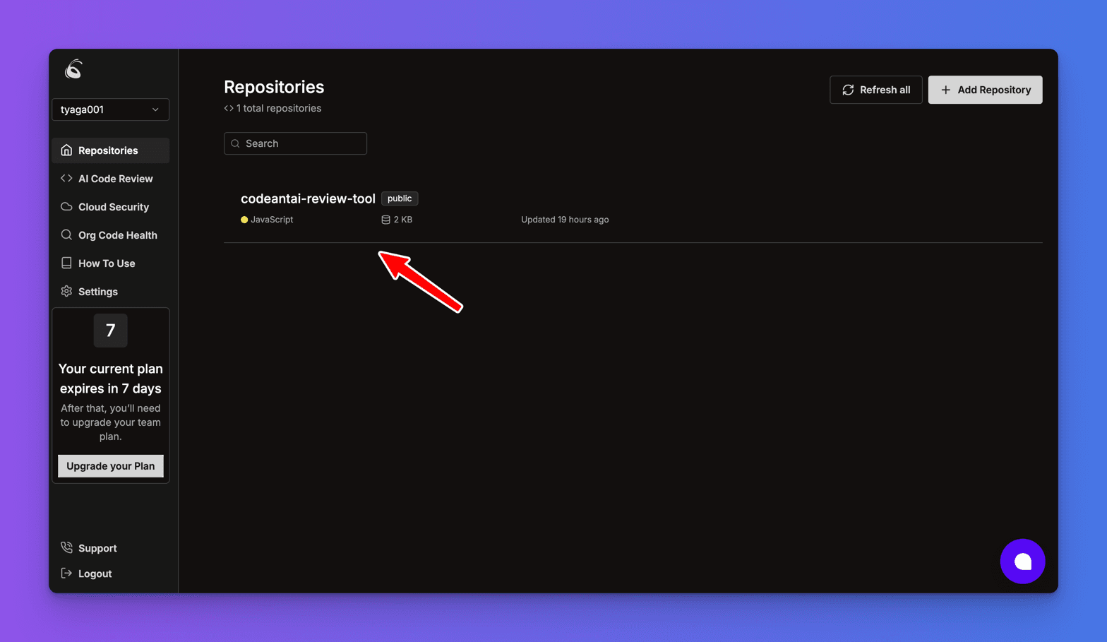 CodeAnt AI's Repositories dashboard listing the newly added public repo codeantai-review-tool, with a sidebar warning that the current plan expires in 7 days