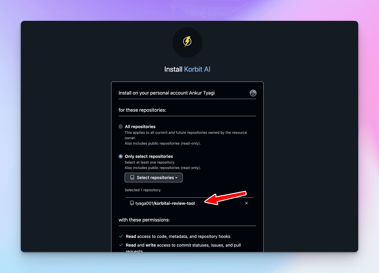 GitHub's Install Korbit AI screen with Only select repositories chosen and tyaga001/korbitai-review-tool selected, above the read and write permissions being requested