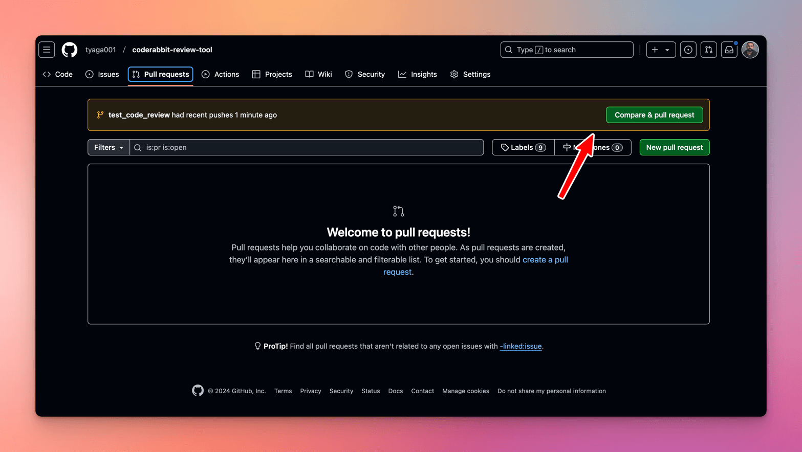 GitHub Pull requests tab for coderabbit-review-tool sitting at the empty Welcome to pull requests state, with a Compare & pull request banner for the test_code_review branch
