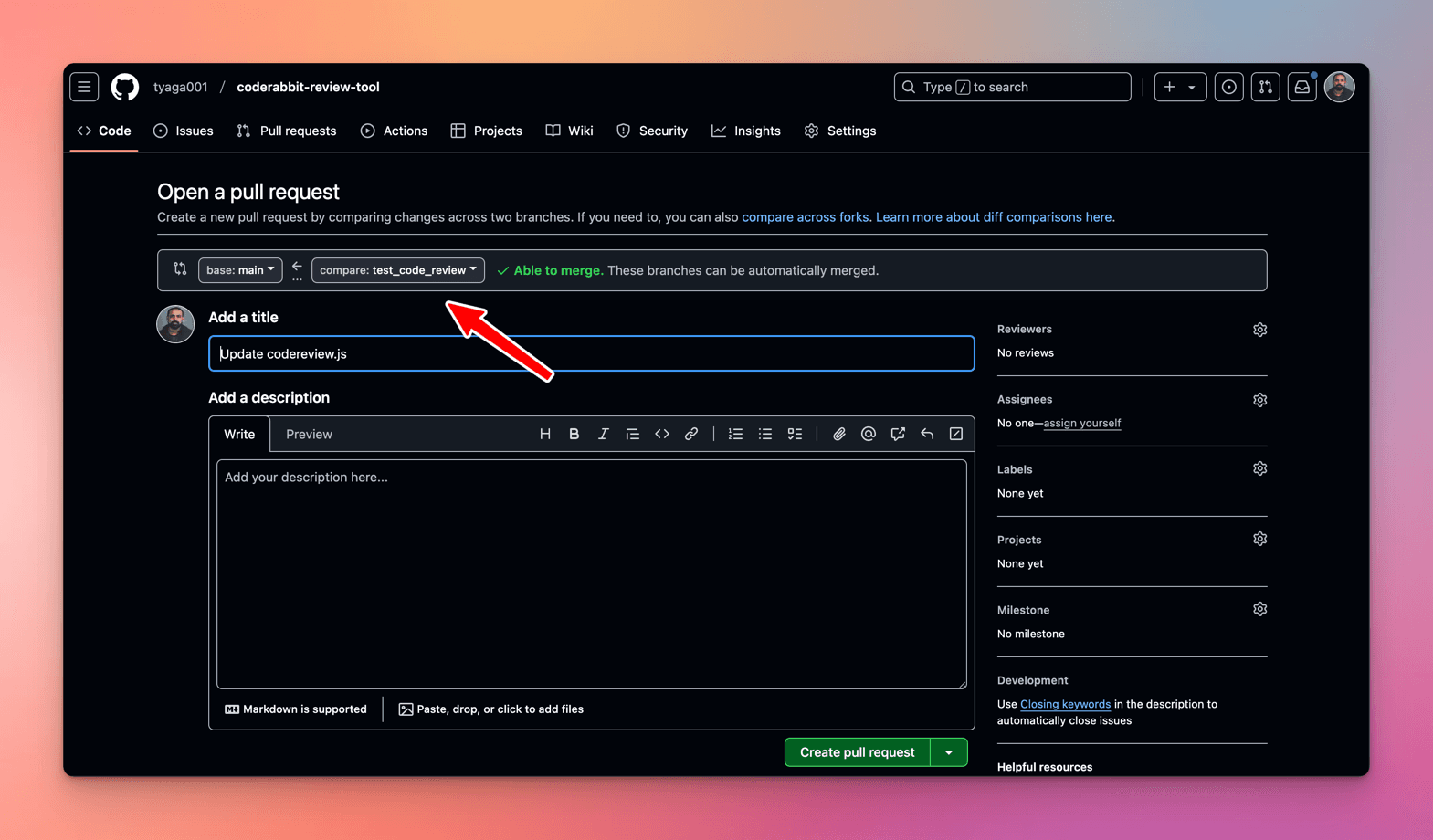 GitHub's Open a pull request form merging test_code_review into main, titled Update codereview.js, with an Able to merge check