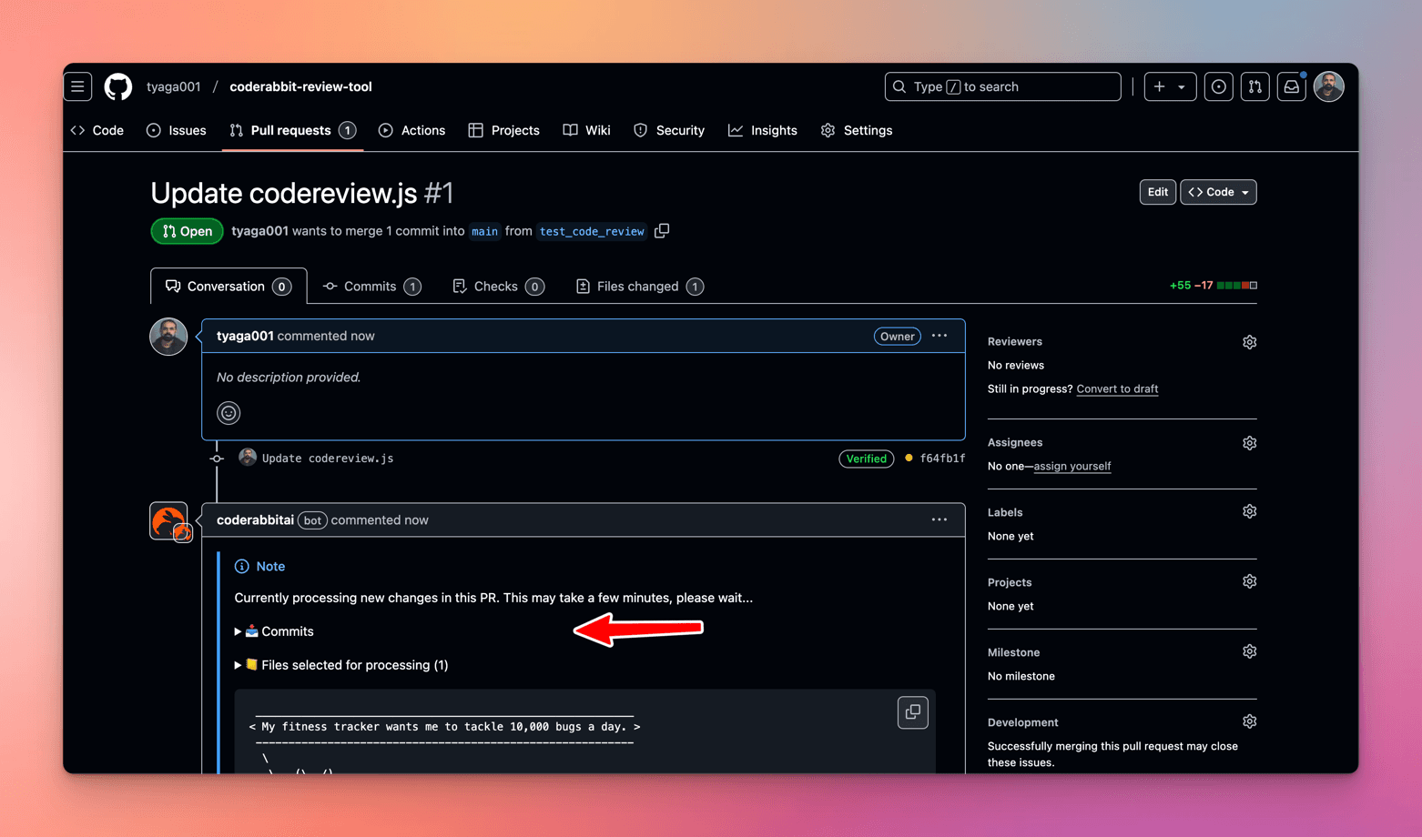 Pull request Update codereview.js #1 where the coderabbitai bot has posted a note that it is currently processing new changes and may take a few minutes
