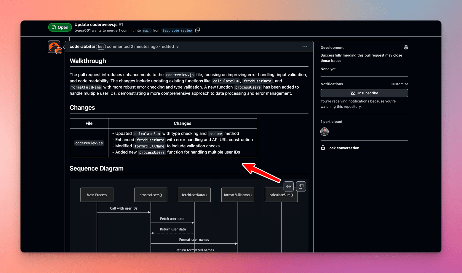 CodeRabbit's Walkthrough comment with a per-file Changes table for codereview.js and a sequence diagram