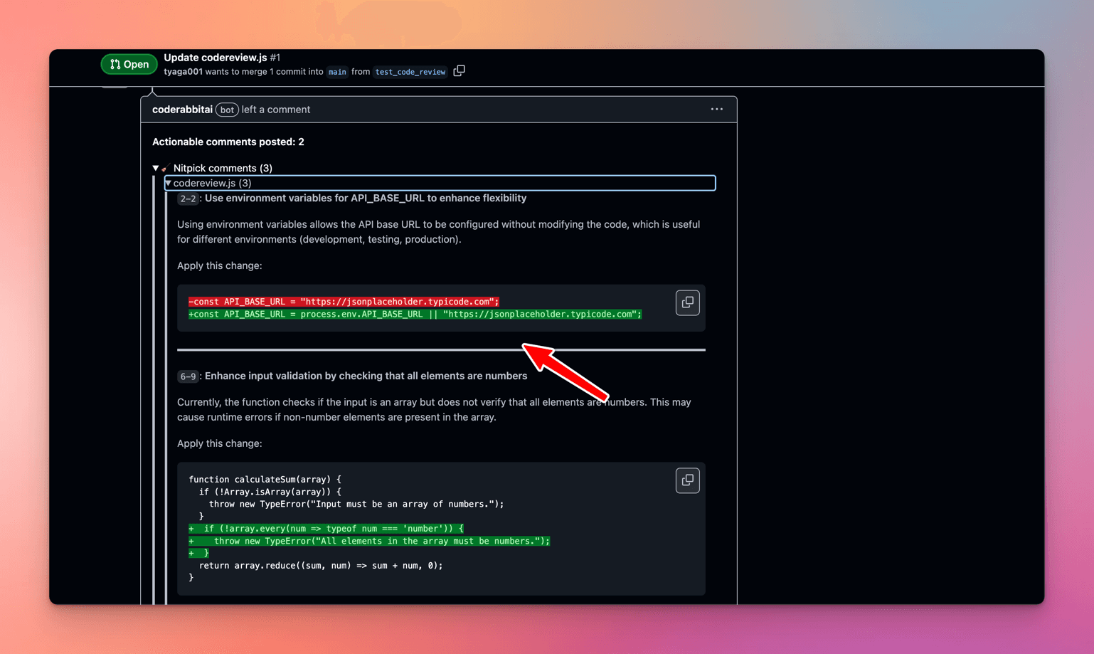 CodeRabbit reviewing comments on codereview.js and reviewing suggestions for fixing code