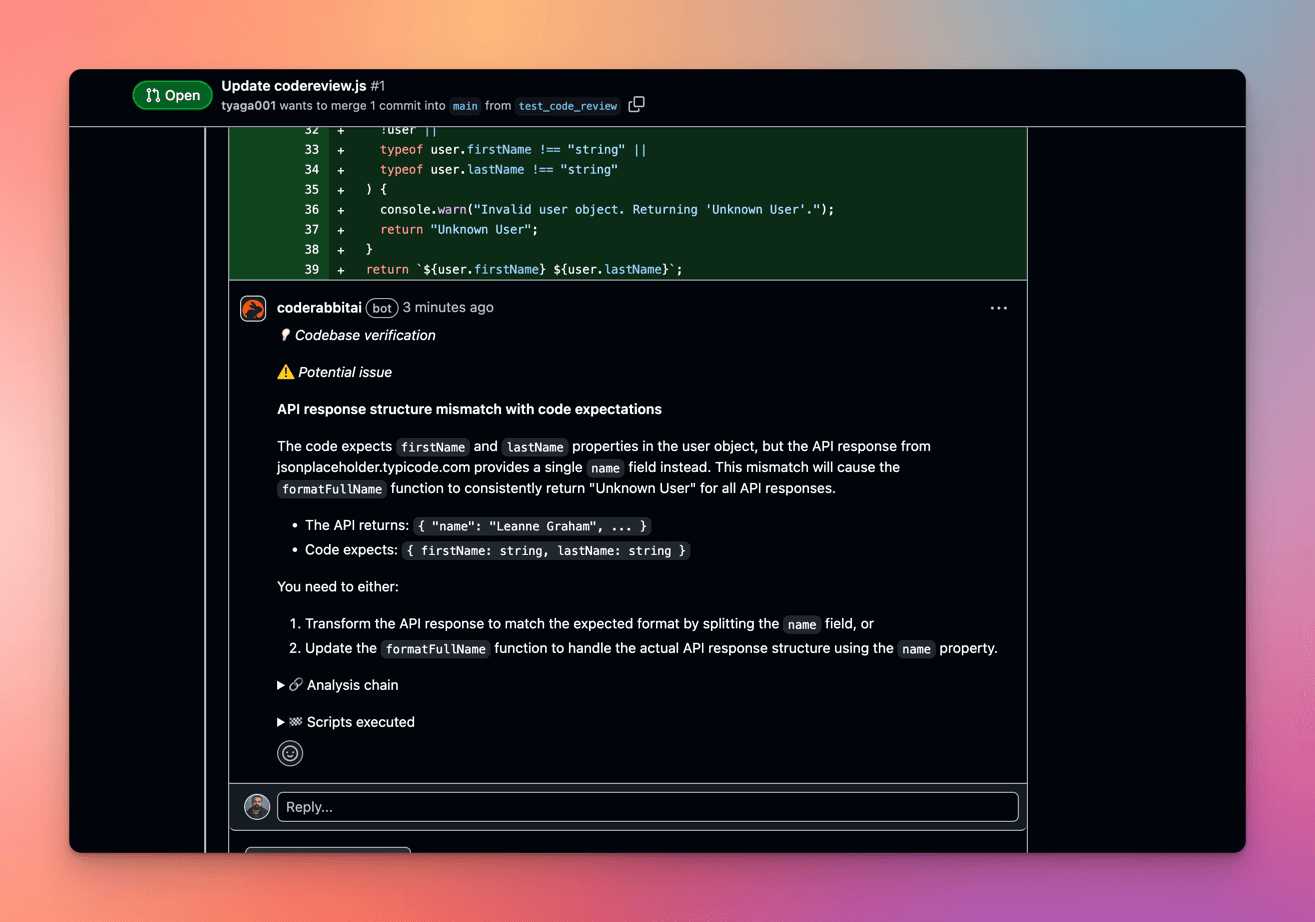 CodeRabbit flagging an API response mismatch