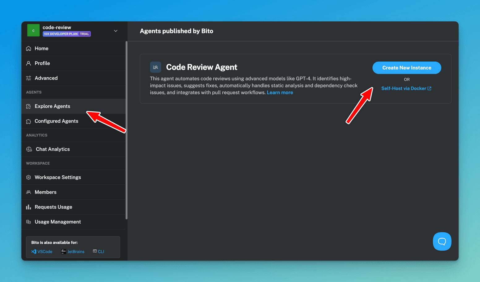 Bito's Explore Agents tab showing the Code Review Agent card, offering either a Create New Instance button or a Self-Host via Docker link