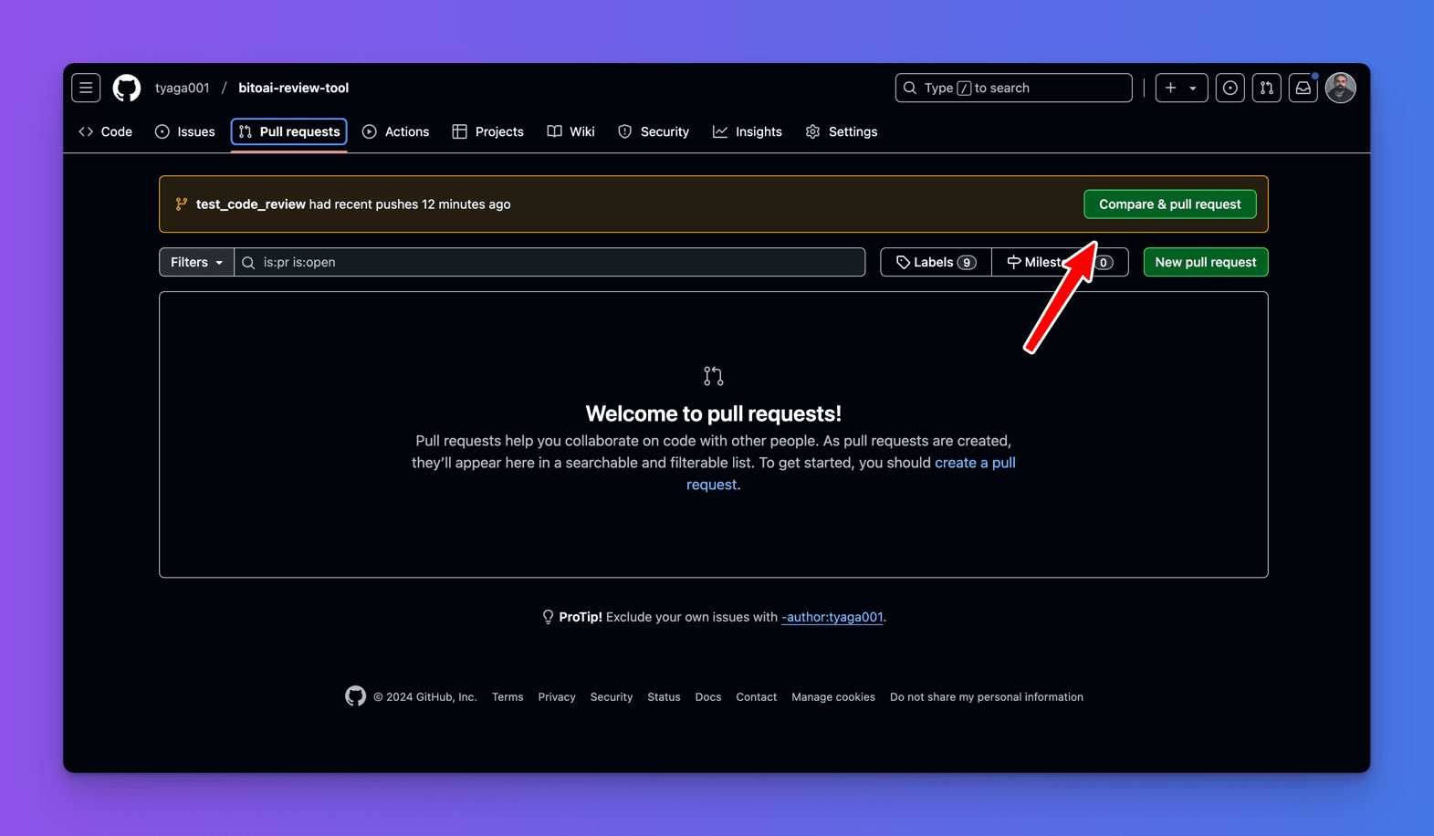 GitHub Pull requests tab for bitoai-review-tool with no open pull requests yet and a green Compare & pull request button for the recently pushed test_code_review branch