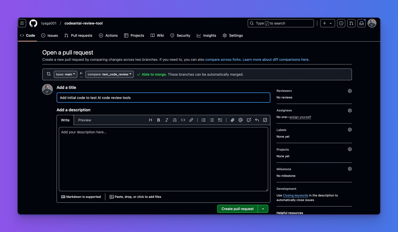 GitHub's Open a pull request form for codeantai-review-tool titled Add initial code to test AI code review tools, comparing test_code_review against main