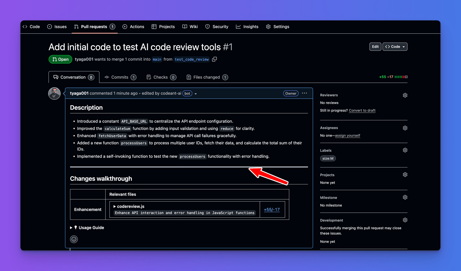 Pull request description rewritten by the codeant-ai bot, listing changes