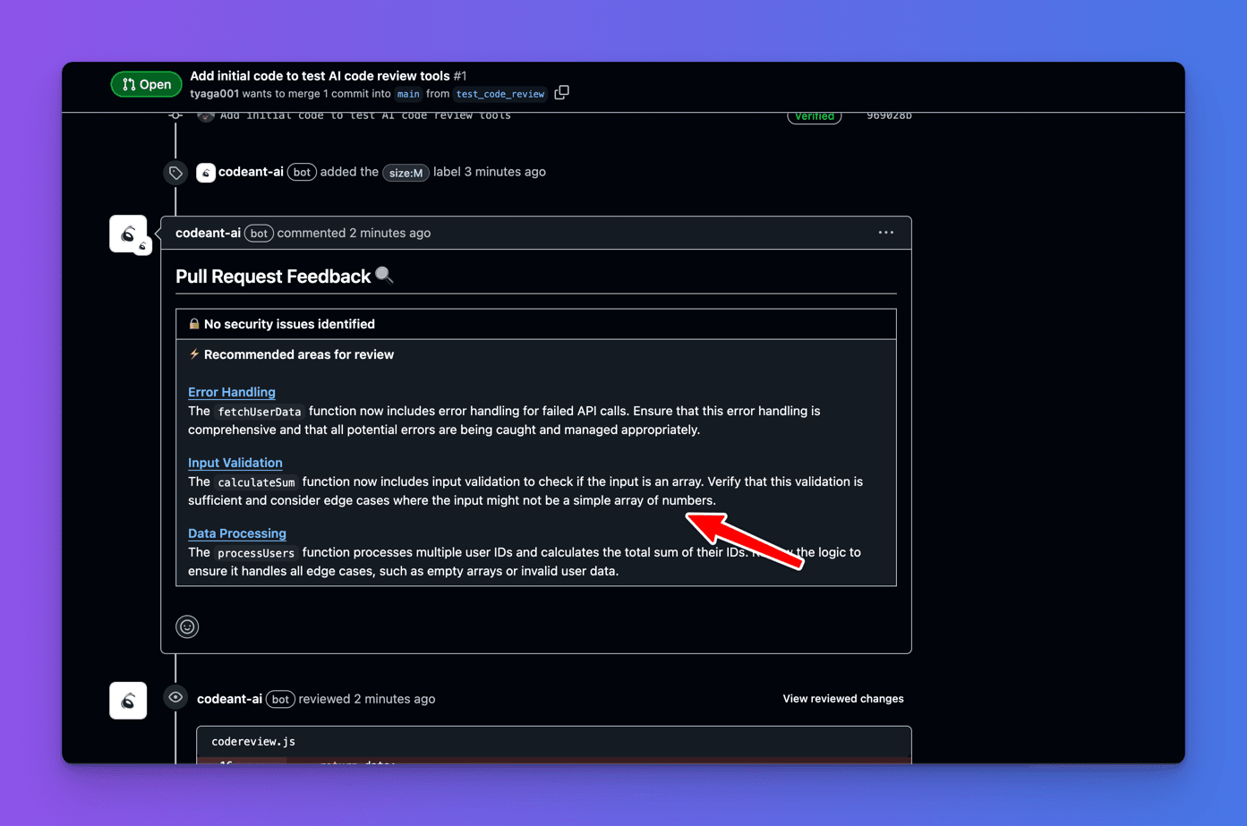 CodeAnt AI's Pull Request Feedback comment on GitHub reporting no security issues and three recommended review areas
