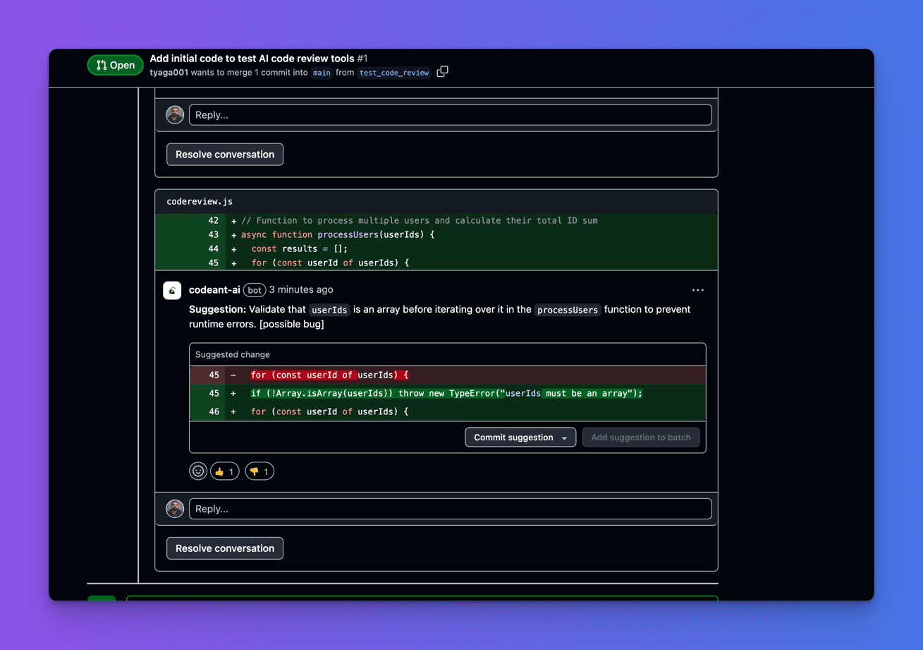 CodeAnt AI suggesting an Array.isArray guard that throws a TypeError before the processUsers loop, with a Commit suggestion button