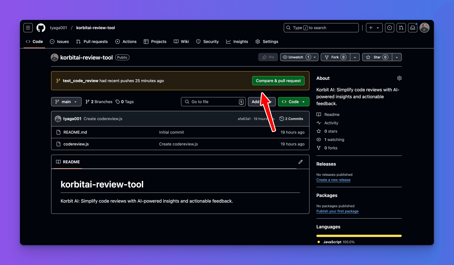 GitHub repository korbitai-review-tool showing a recent push on the test_code_review branch, with an arrow pointing at the green Compare and pull request button