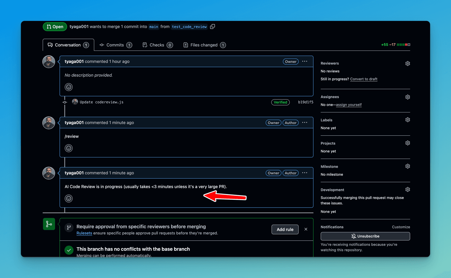 Pull request thread where a /review comment is followed by a reply saying AI code review is in progress, usually under three minutes unless the PR is very large