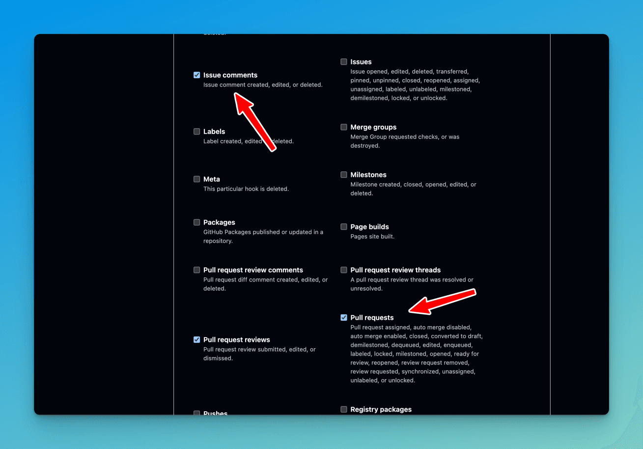 GitHub webhook event checkboxes with Issue comments, Pull request reviews and Pull requests ticked