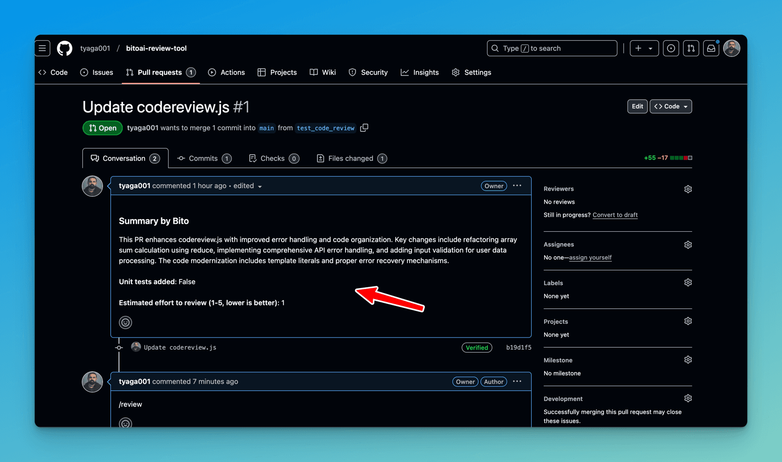 Summary by Bito on the Update codereview.js pull request, describing refactored array sum and API error handling, with unit tests added set to false and review effort rated 1